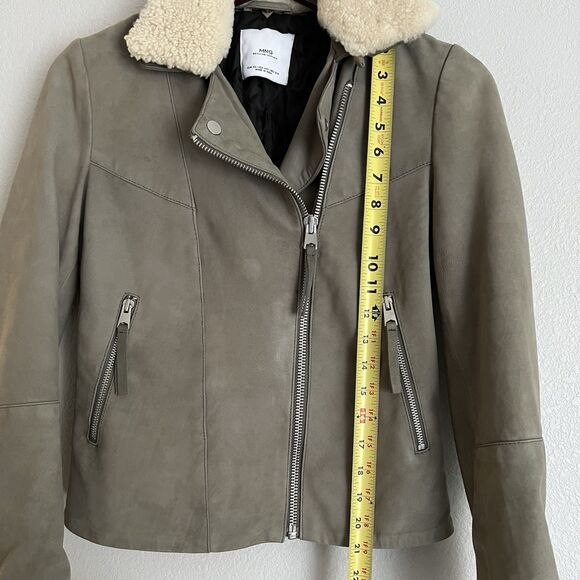 Mango Grey Taupe Real Leather Jacket Lambskin Collar fur Jacket XS - Picture 4 of 6